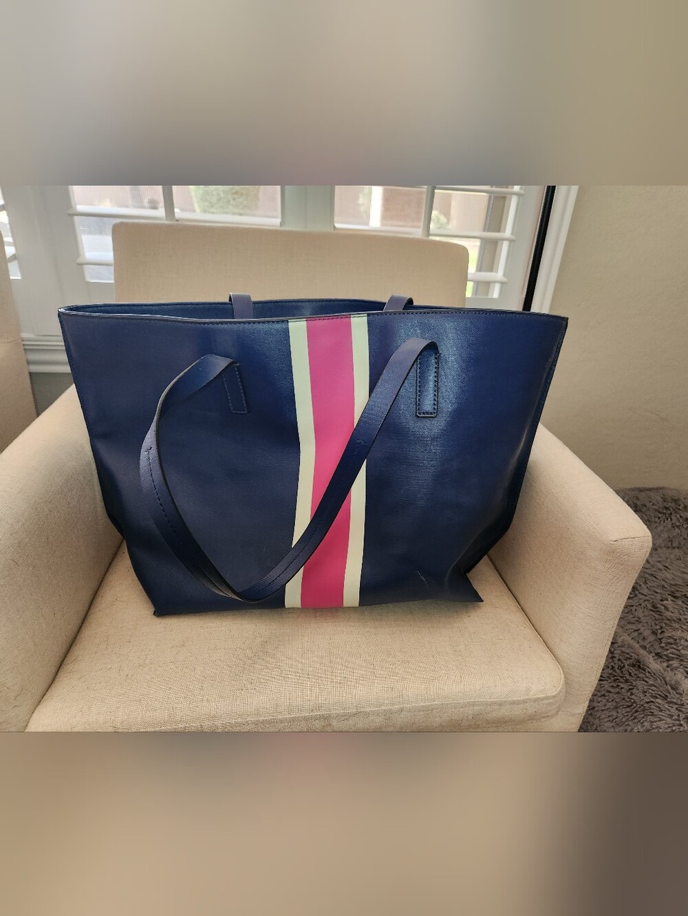 Mark and Graham Navy Tote Bag with Pink & Cream Stripe